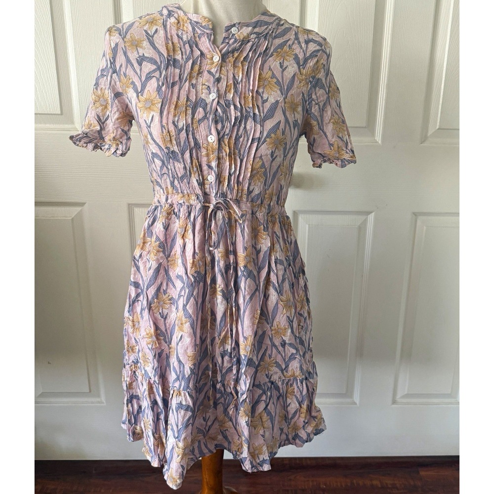 Pink Floral Cottagecore Dress Small Pintuck Ruffle Drawstring Waist Hayden